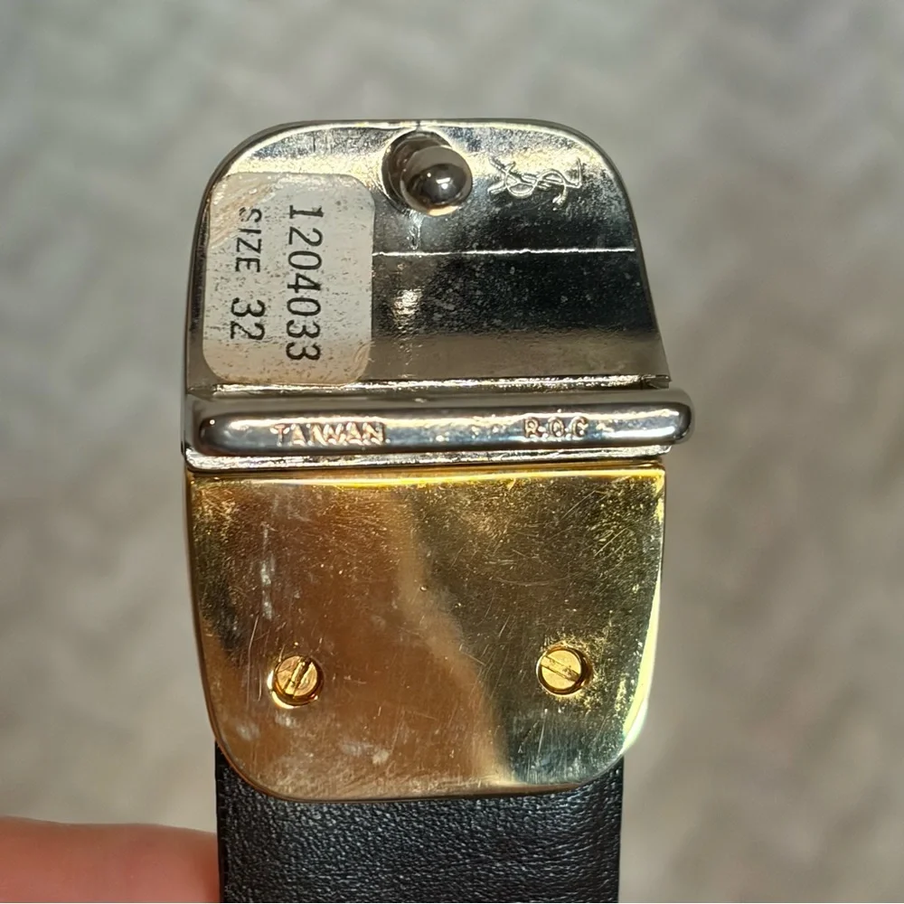Vintage Yves Saint Laurent Mens 32 Reversible Black Brown‎ Silver Gold Tone Belt